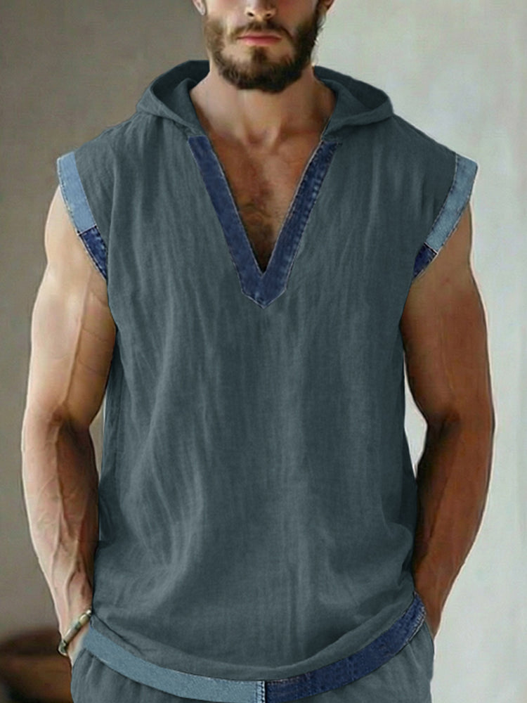 Street Style Denim Patchwork Tank Top and Shorts Set