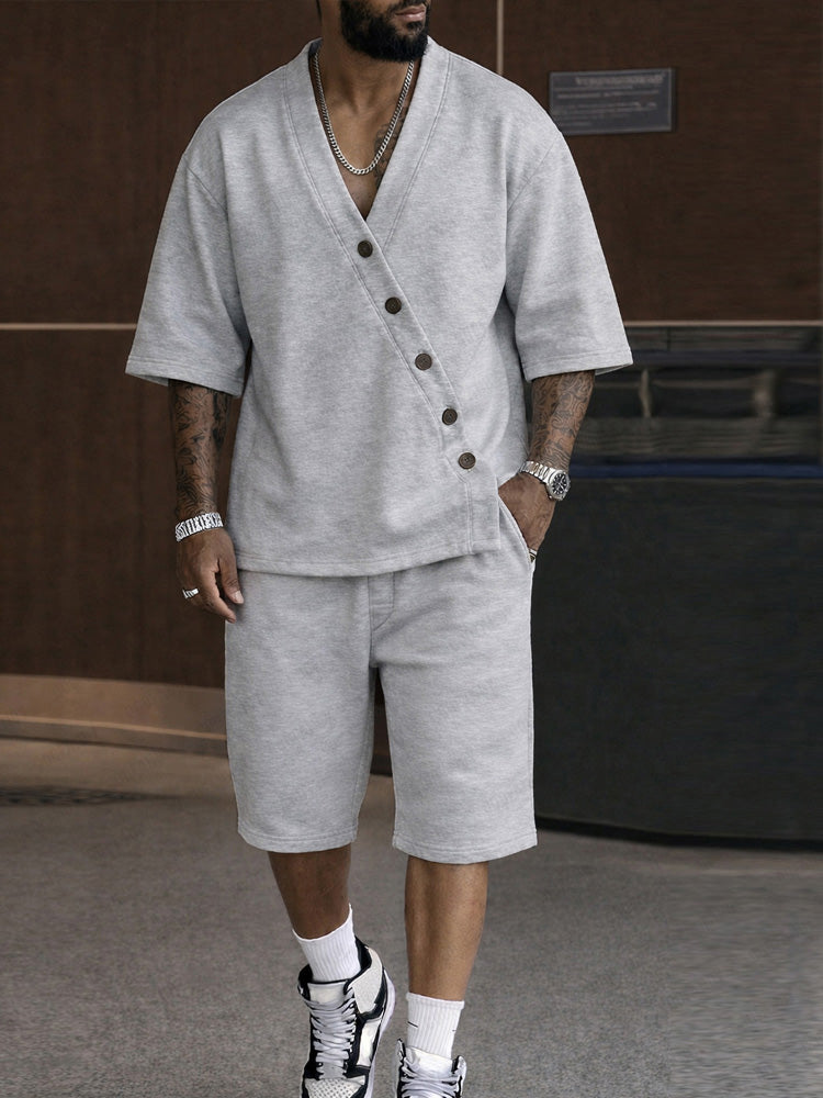 Casual Slant Button Accent T-Shirt Shorts Set