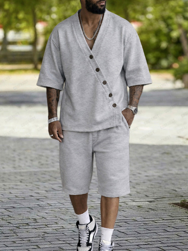 Casual Slant Button Accent T-Shirt Shorts Set