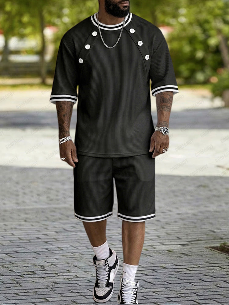 Athleisure Button Detail Ribbed Texture Shorts Set