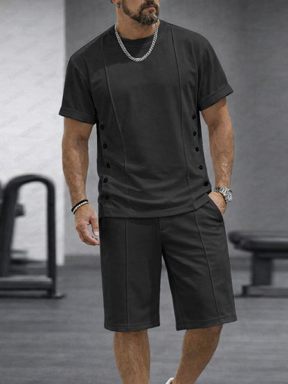 Athleisure Button Detail T-Shirt Shorts Set