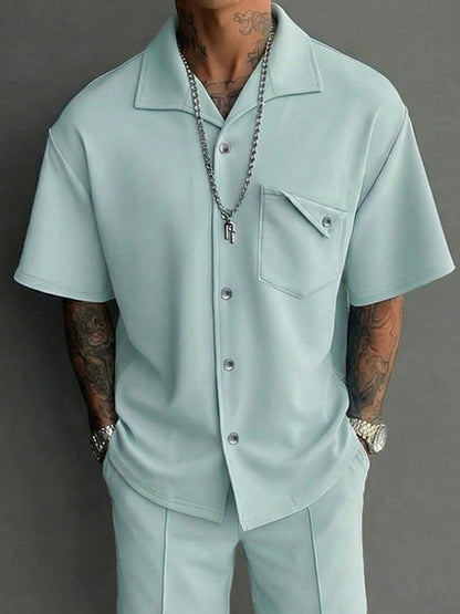 Casual Design Pocket Short Sleeve Shirt Shorts Set
