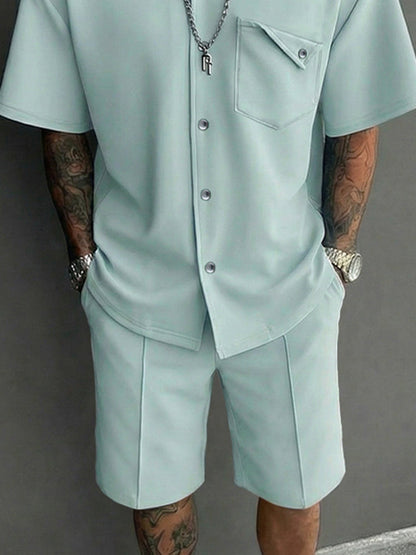 Casual Design Pocket Short Sleeve Shirt Shorts Set