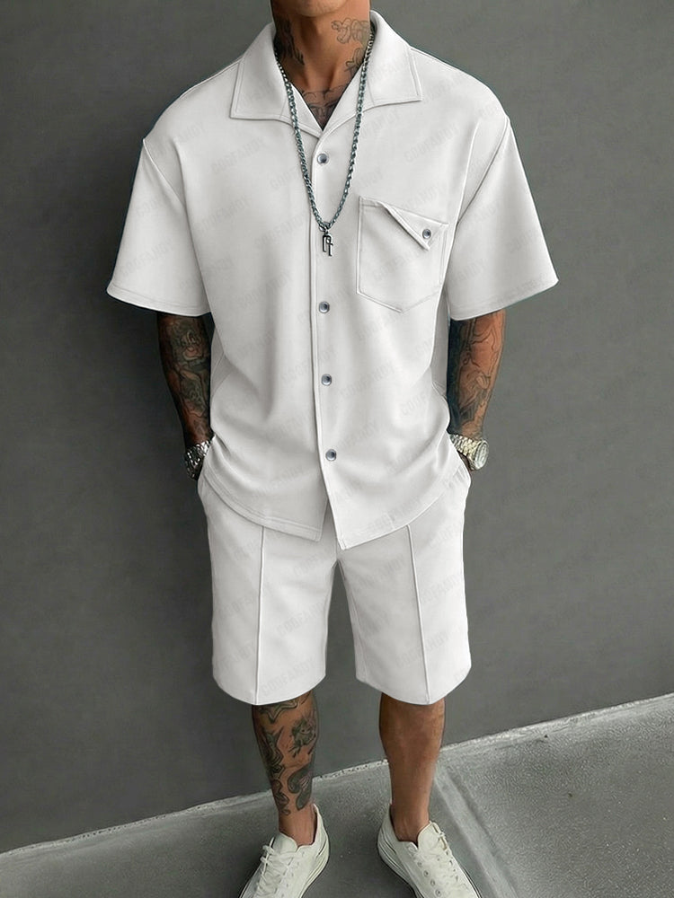 Casual Design Pocket Short Sleeve Shirt Shorts Set