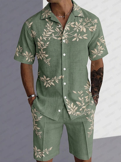 Casual Tropical Leaves Print Shirt and Shorts Set