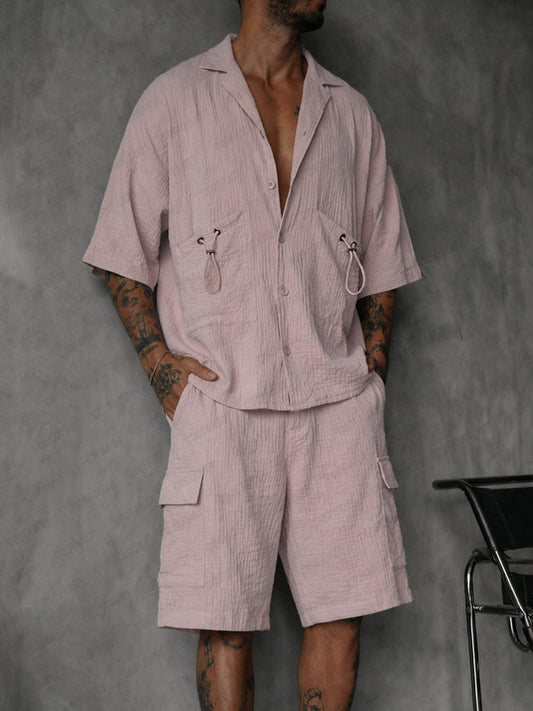 Casual 100% Cotton Textured Shirt Shorts Set