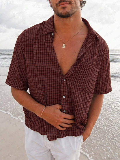 Classic Casual Plaid Short Sleeve Shirt with Pocket