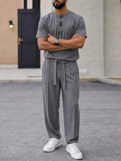 Casual Drawstring Design T-Shirt Pants Set