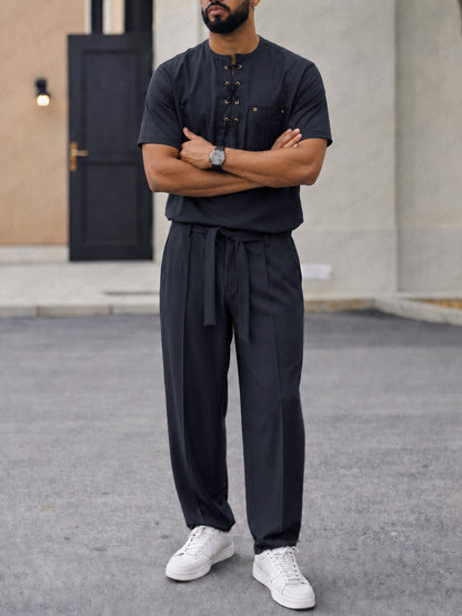 Casual Drawstring Design T-Shirt Pants Set