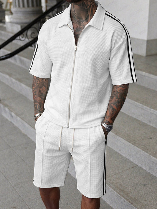 Athleisure Contrast Piping Waffle Shirt Shorts Set
