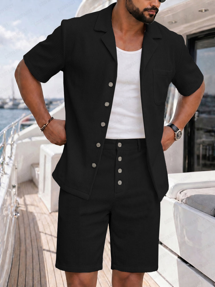 Versatile Style Ribbed Texture Shirt Shorts Set