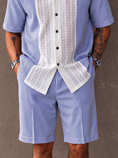 Resort Casual Lace Patchwork Striped Shirt Shorts Set
