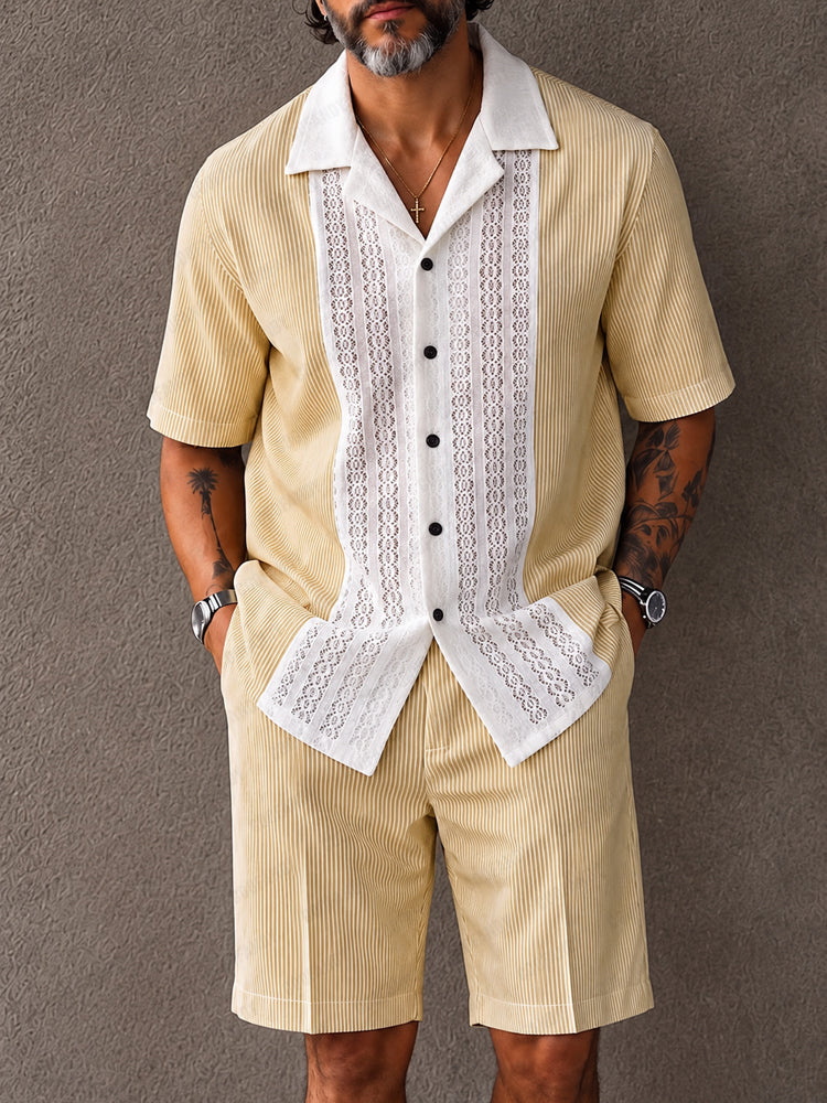 Resort Casual Lace Patchwork Striped Shirt Shorts Set