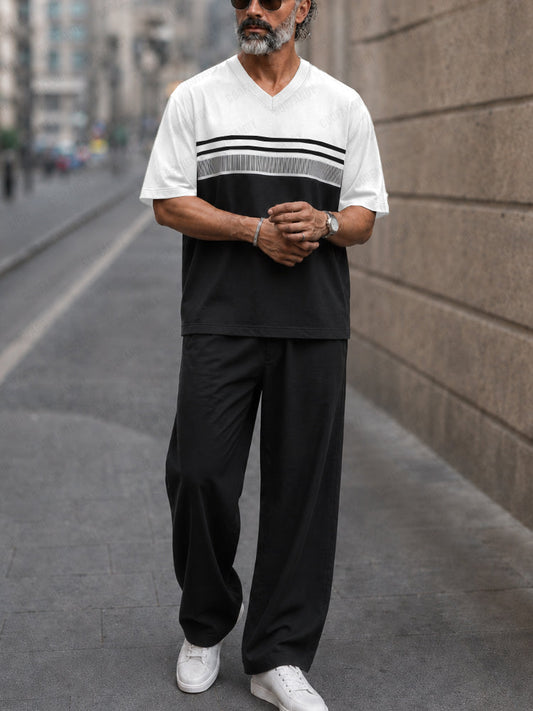 Casual Loose Color Block T-shirt Pants Set