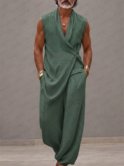Casual 100% Cotton Back-Belt Vest and Loose Jogger Set
