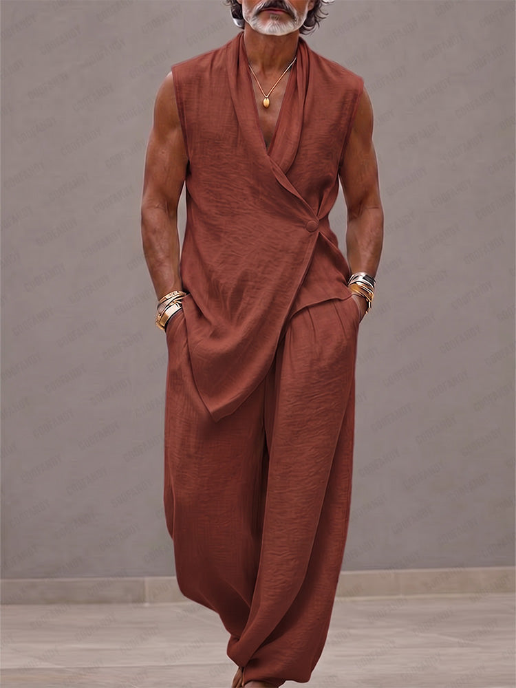 Casual 100% Cotton Back-Belt Vest and Loose Jogger Set