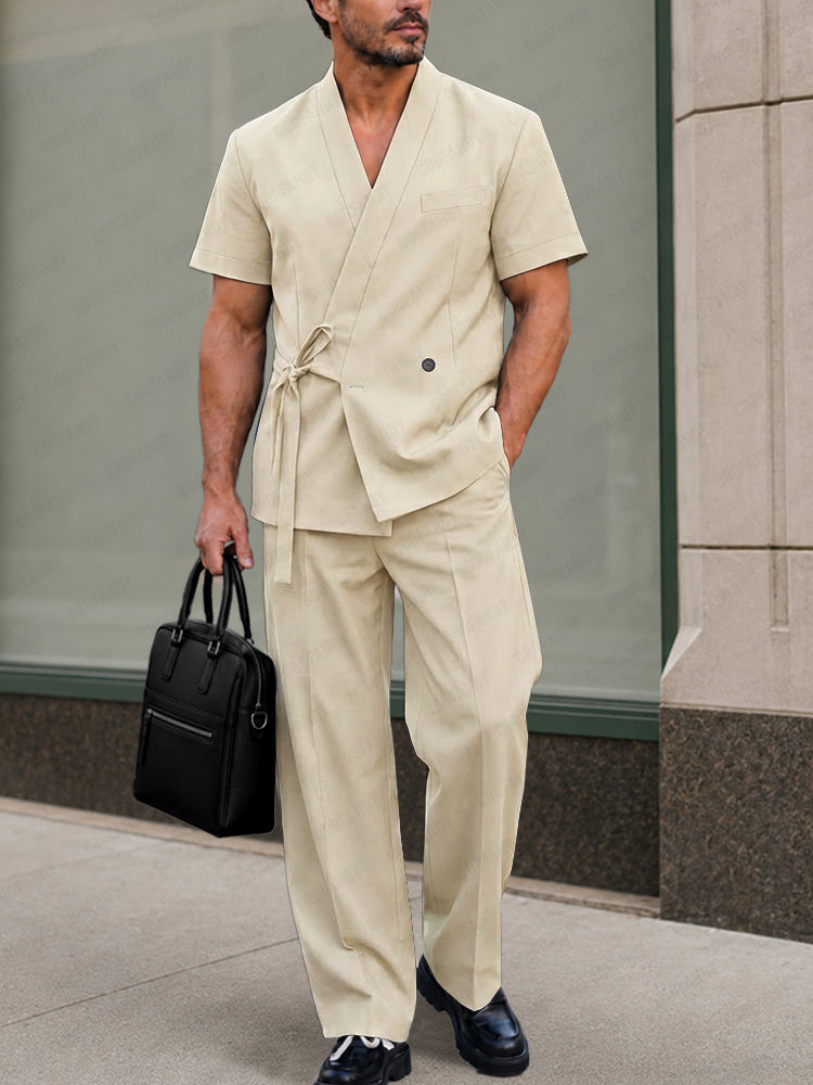 Urban Casual Tie-Front Suit Shirt Pants Set