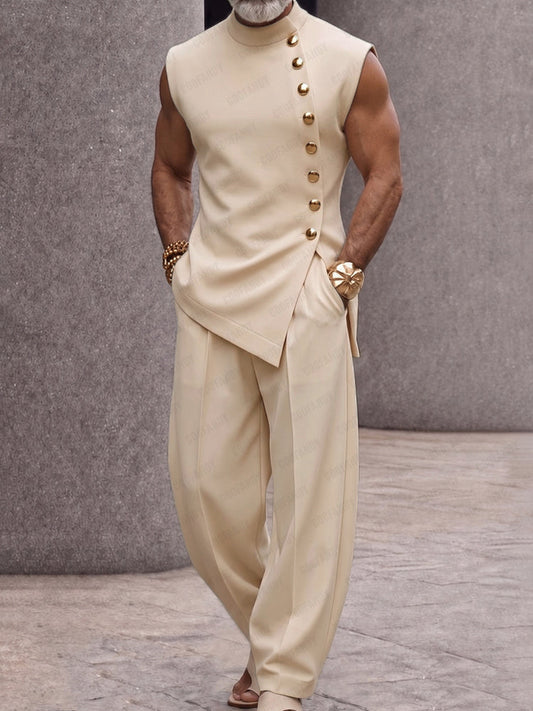 Refined Button Design Sleeveless Top and Pants Set