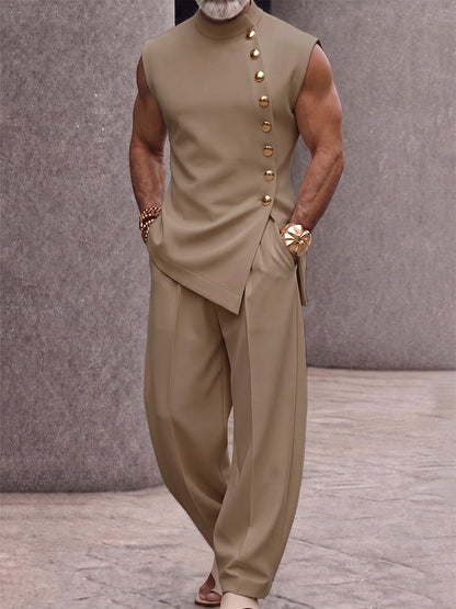 Refined Button Design Sleeveless Top and Pants Set