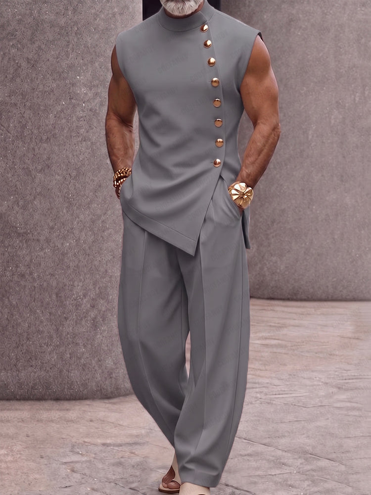 Refined Button Design Sleeveless Top and Pants Set