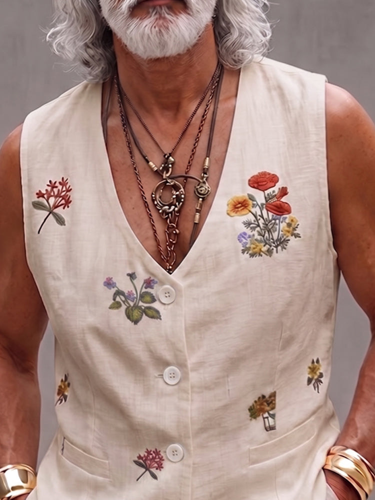 Summer Floral Embroidered Cotton Vest