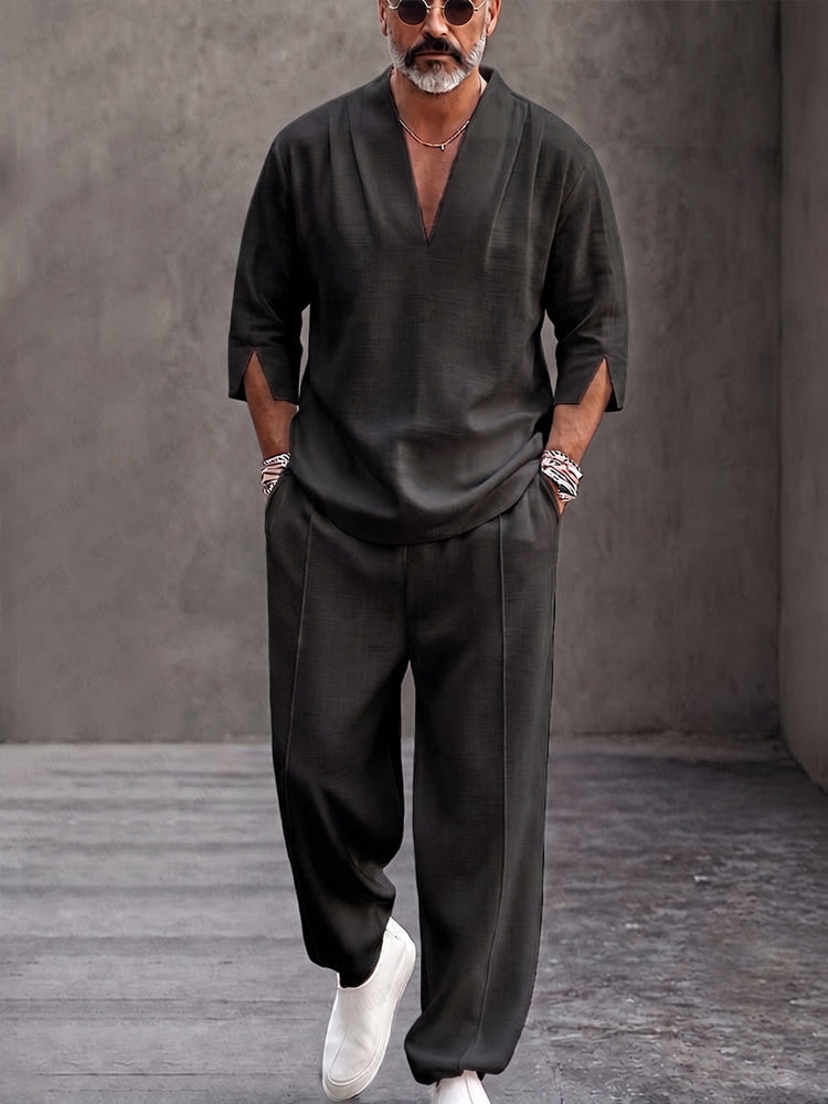 Minimalist Urban 100% Cotton V-Neck Top Pants Set