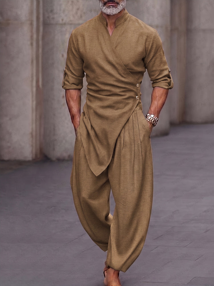 Urban Casual Button-Front Wrap Shirt Pants Set