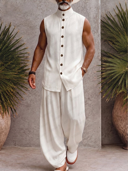 Urban Casual Sleeveless Stand Collar Shirt Set