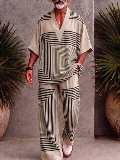 Casual Loose Printed V-Neck Top and Pants Set