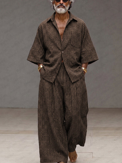 Vintage Loose Plaid Shirt and Wide-Leg Pants Set