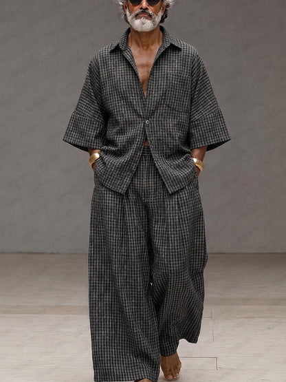 Vintage Loose Plaid Shirt and Wide-Leg Pants Set
