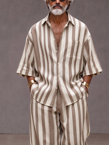 Versatile Loose Fit Wide Striped Shirt Pants Set