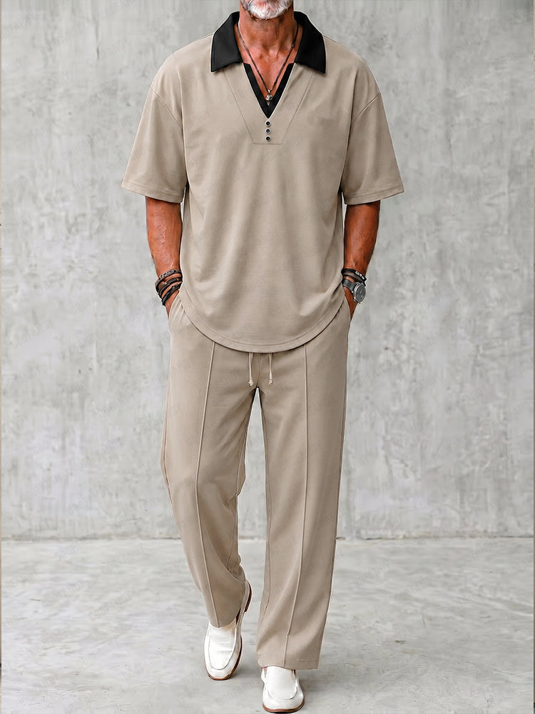 Urban Casual Contrast Collar Shirt Pants Set