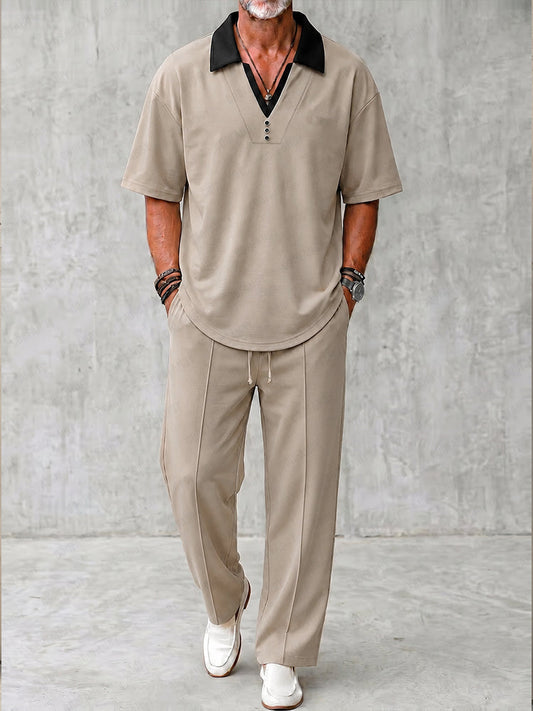 Urban Casual Contrast Collar Shirt Pants Set