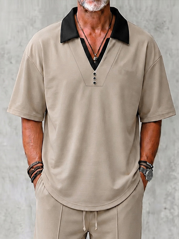 Urban Casual Contrast Collar Shirt Pants Set