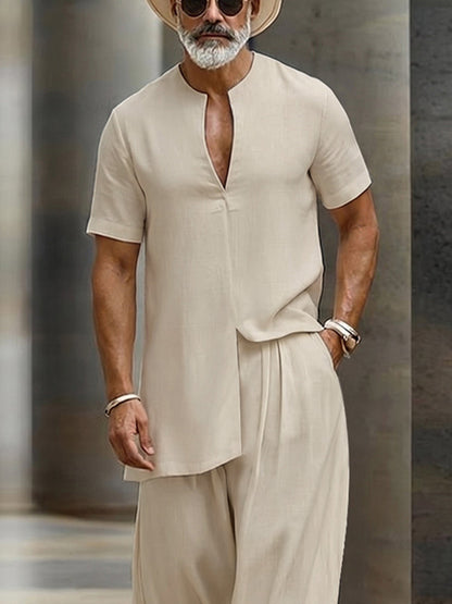 Minimalist Casual Front Slit V-Neck Top Pants Set