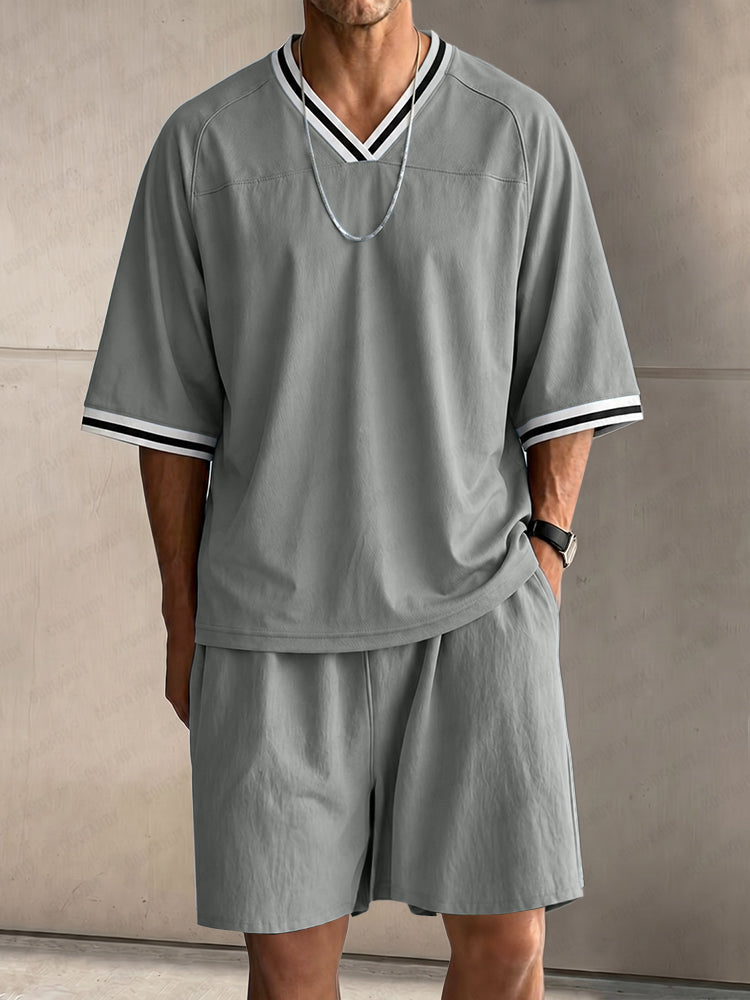 Casual Contrast Striped Raglan Sleeve T-Shirt Set