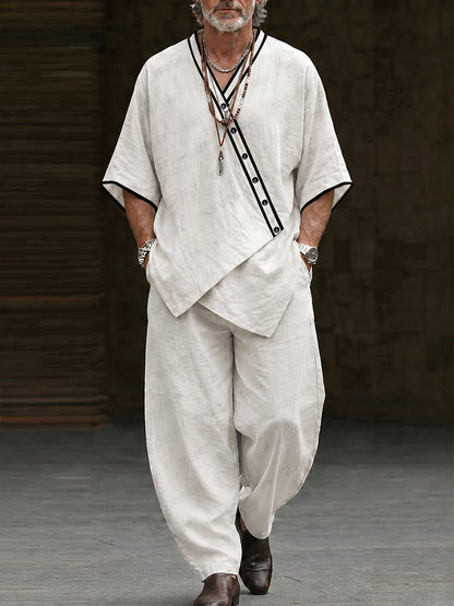 Premium Cotton Contrast Trim Pullover Top and Barrel Pants Set