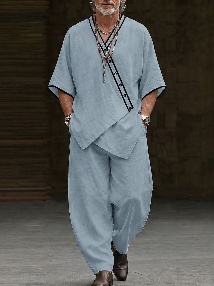 Premium Cotton Contrast Trim Pullover Top and Barrel Pants Set