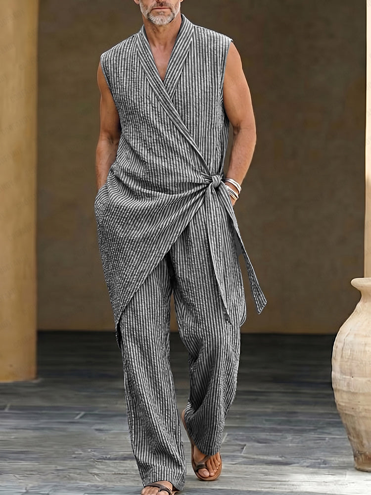 Casual Resort Loose Striped Wrap Vest Pants Set