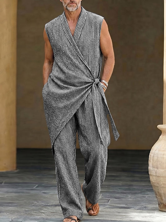 Casual Resort Loose Striped Wrap Vest Pants Set