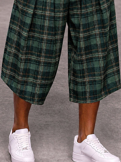Fashion Plaided Wide Leg Cropped Pants Shorts
