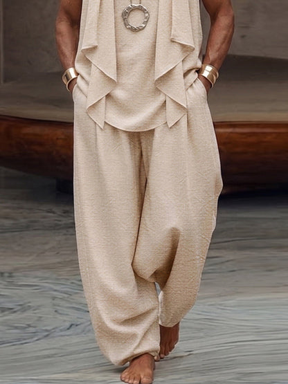 Stylish 100% Cotton Drape Front Sleeveless Top Pants Set