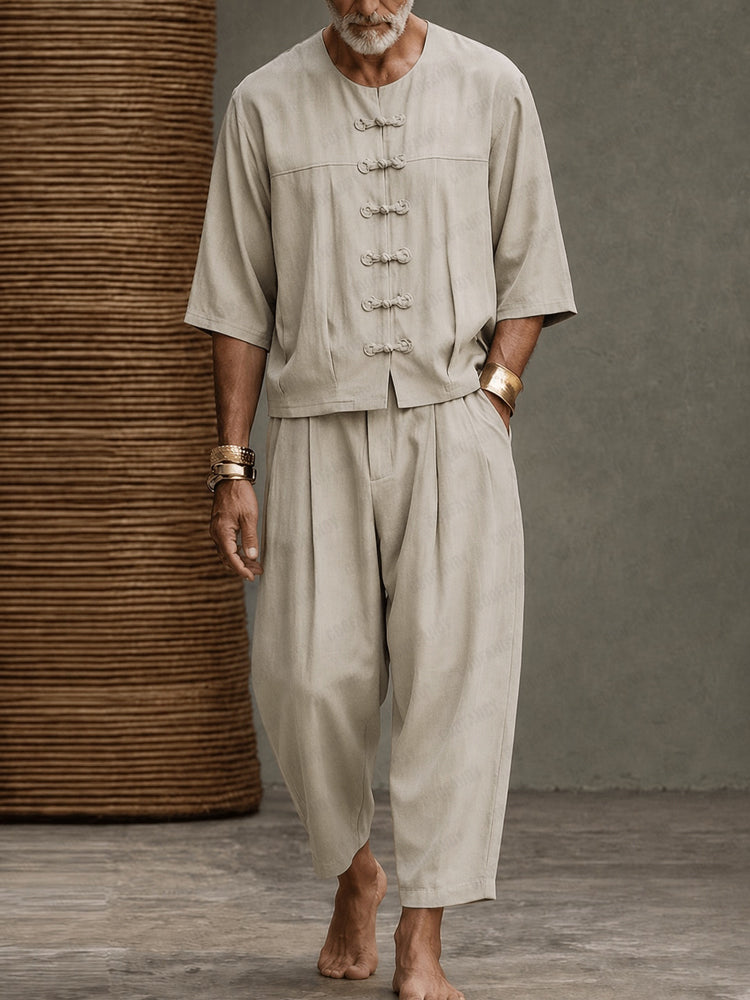 Casual Relaxed Fit Frog Button Shirt Pants Set