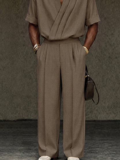 Contemporary Pleated Cross Placket Shirt Pants Set