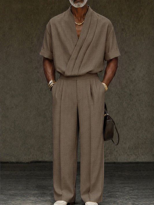 Contemporary Pleated Cross Placket Shirt Pants Set