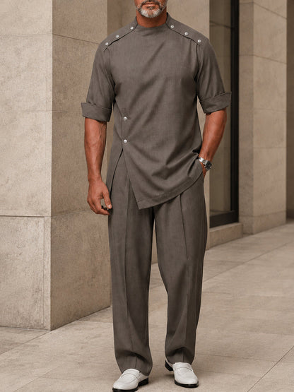 Urban Button Detail Pullover Shirt Pants Set