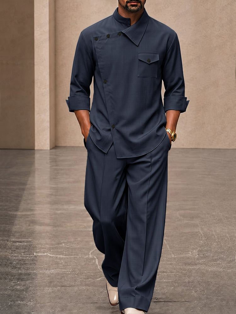 Casual Relaxed Fit Diagonal Closure Shirt Set