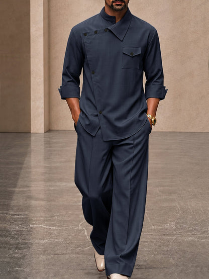 Casual Relaxed Fit Diagonal Closure Shirt Set