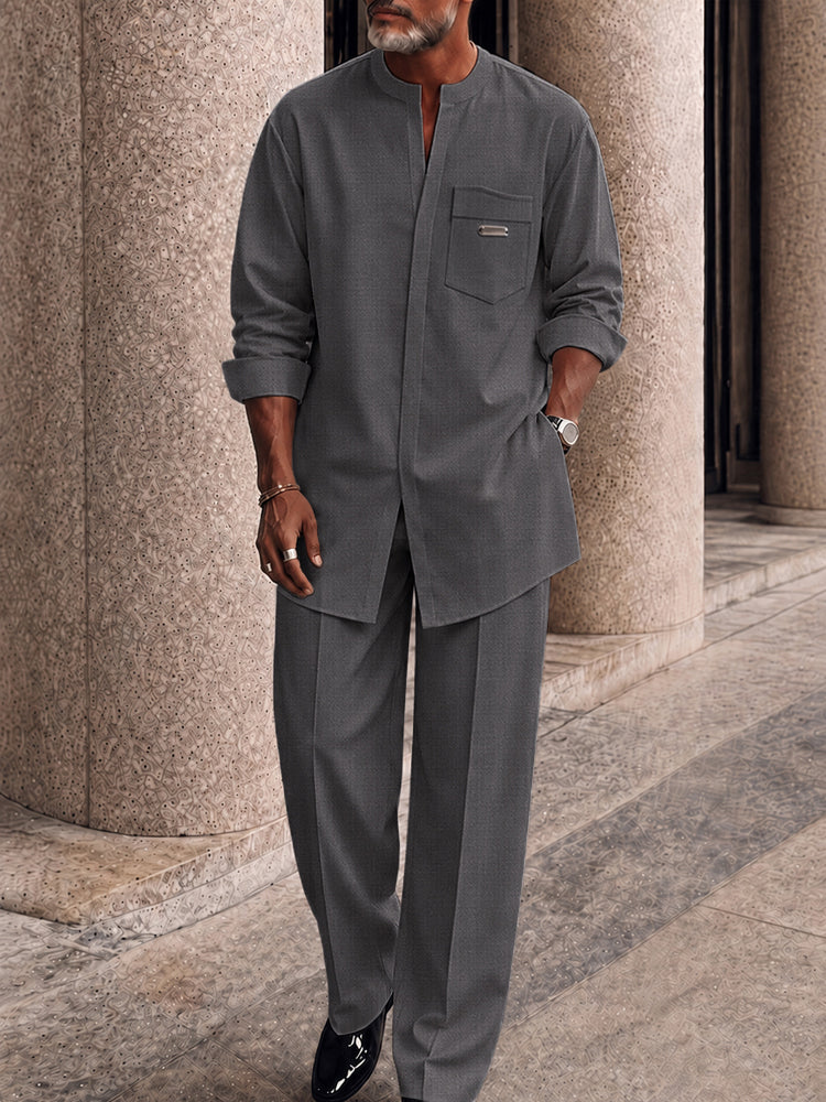 Casual Hidden Button Placket Shirt Pants Set